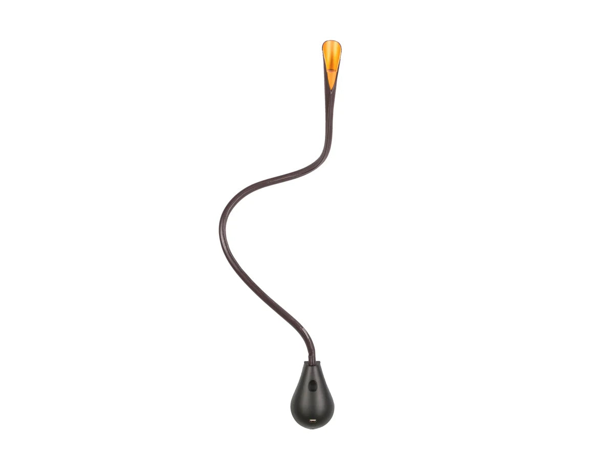 Brown leather Innermost Cobra wall light by Innermost, showing adjustable arm and integrated USB charging port.