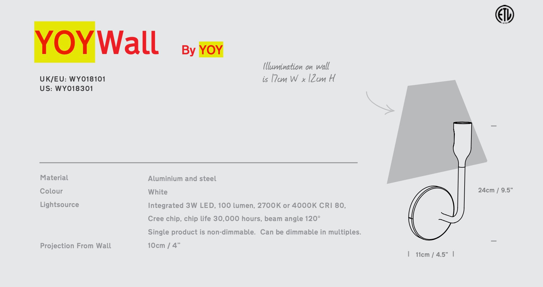 White YOY wall mounted light sconce, a Red Dot Award 2017 winner, for hallways.