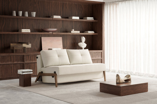 Innovation Living Cubed Queen Sofa Bed with Dark Wood Legs in a furnished room, Mixed Dance Natural fabric – view 1