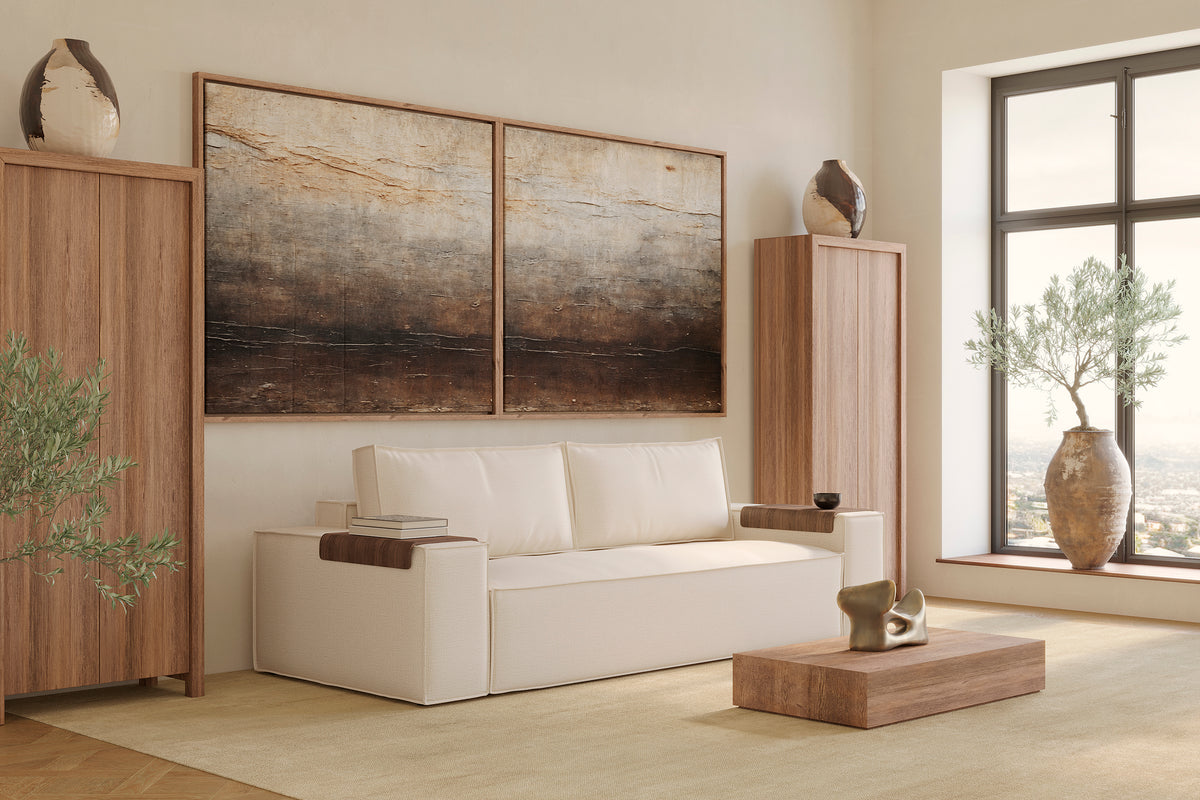 Innovation Living Newilla Full Sofa Bed with Wide Arms in a furnished room, Adario Basmati fabric – view 1