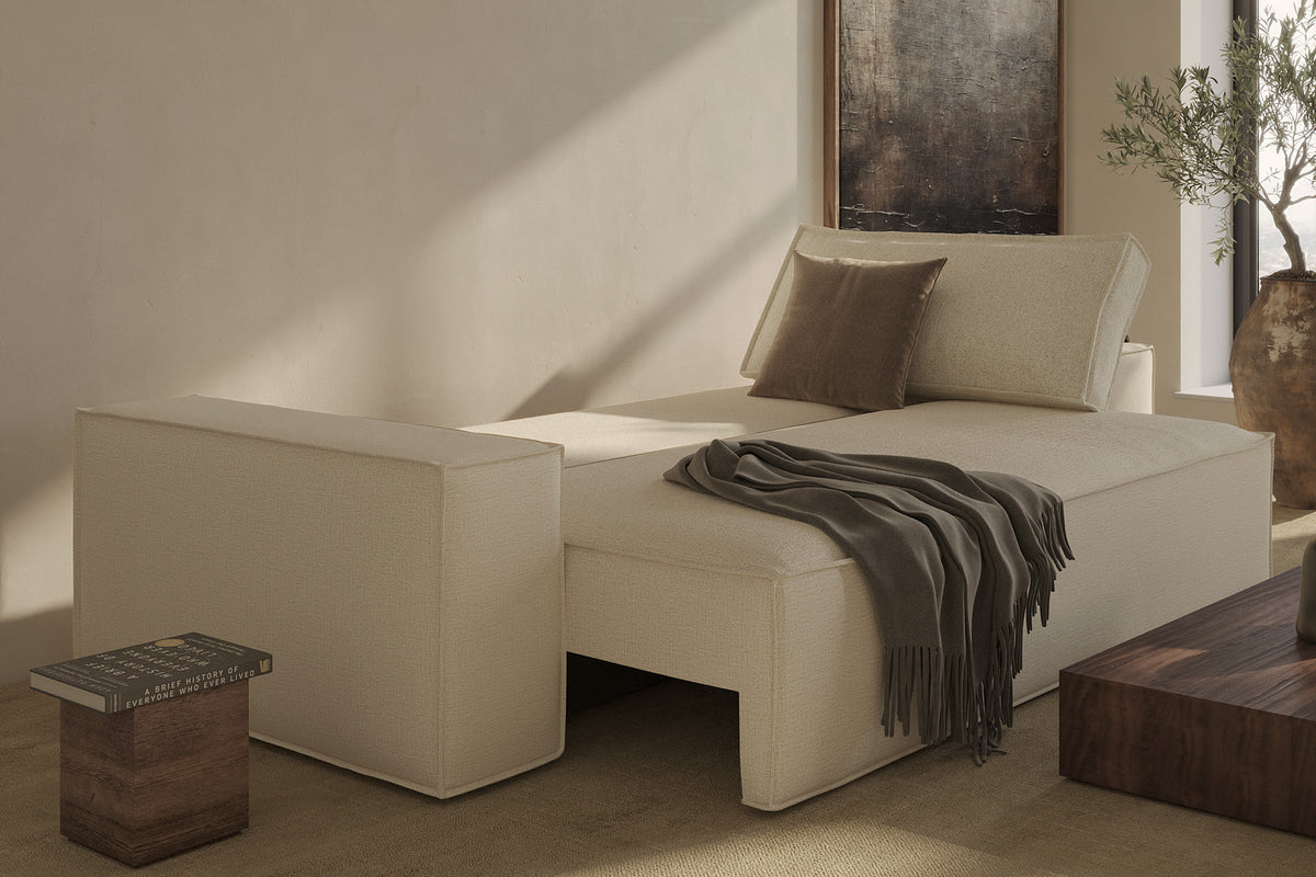 Innovation Living Newilla Full Sofa Bed with Wide Arms in a furnished room, Adario Basmati fabric – view 10