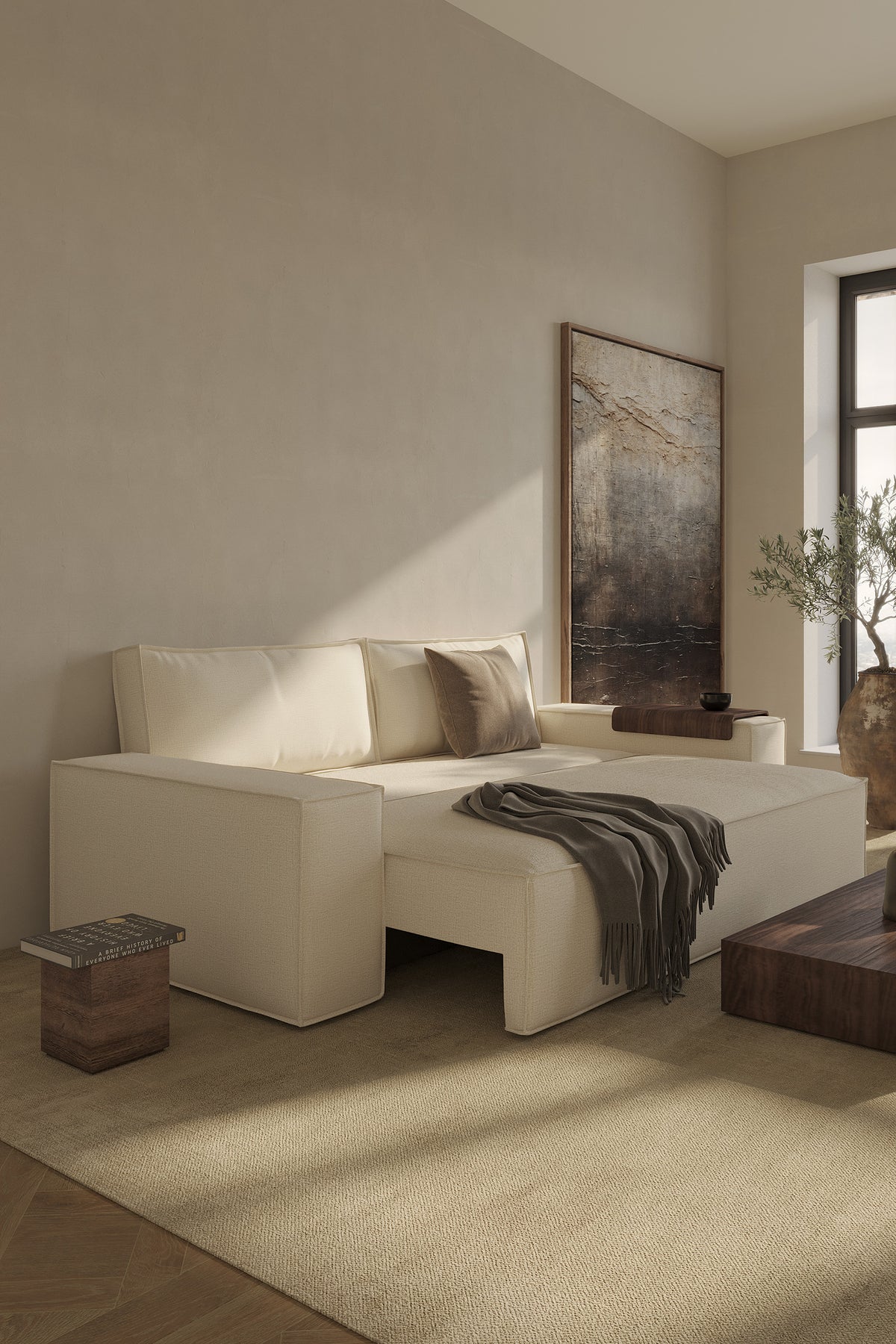 Innovation Living Newilla Full Sofa Bed with Wide Arms in a furnished room, Adario Basmati fabric – view 14
