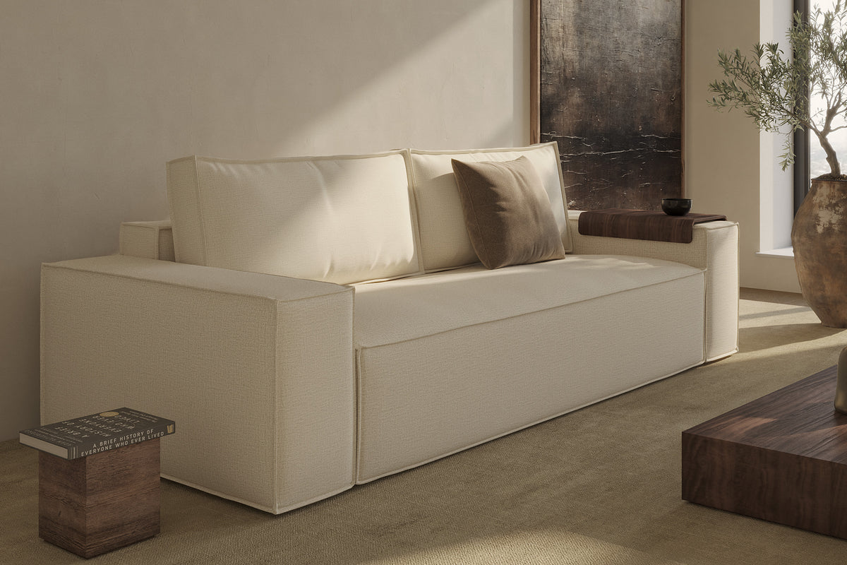 Innovation Living Newilla Full Sofa Bed with Wide Arms in a furnished room, Adario Basmati fabric – view 8