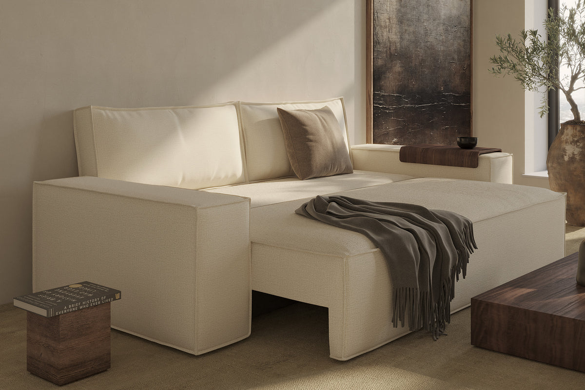Innovation Living Newilla Full Sofa Bed with Wide Arms in a furnished room, Adario Basmati fabric – view 9