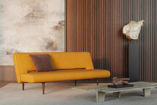 Innovation Living Unfurl Sofa Bed in a furnished room, Elegance Burned Curry fabric – view 1