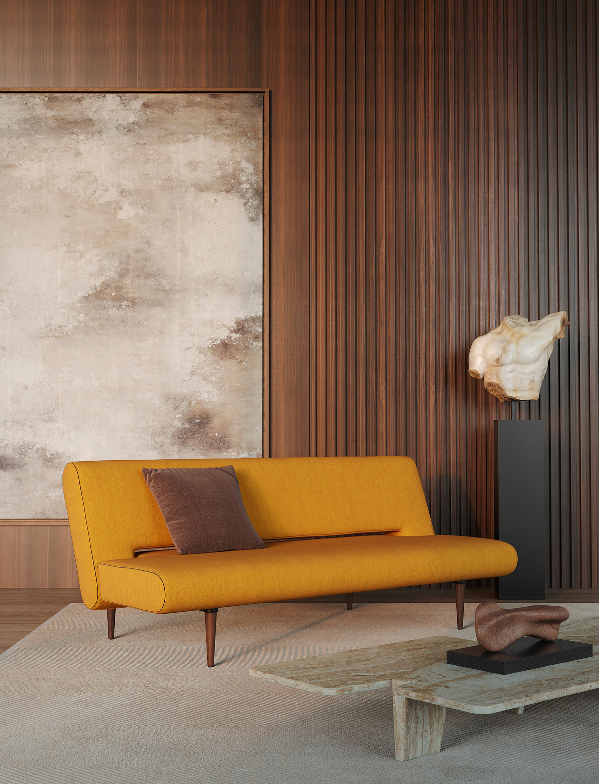 Innovation Living Unfurl Sofa Bed in a furnished room, Elegance Burned Curry fabric – view 4