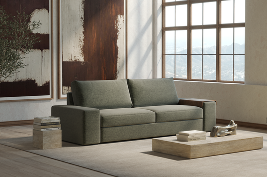 Innovation Living Vilander Full Sofa Bed with Wide Arms in a furnished room, Avella Pine Green fabric – view 1