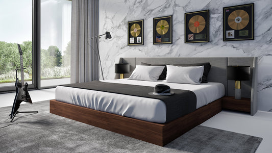 Nova Domus Janice Modern Grey Fabric and Walnut Bed and Nightstands