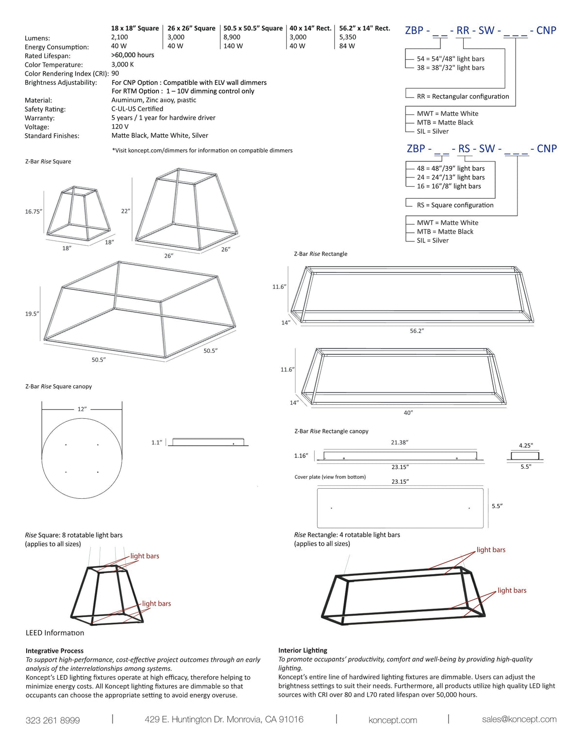 Koncept Z-Bar Pendant Rise Rectangle LED Chandelier specification sheet with dimension drawing