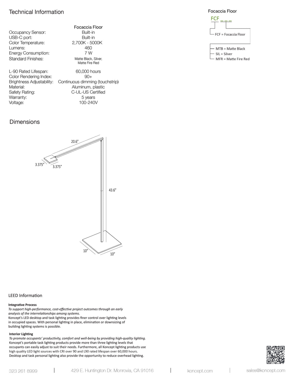 Koncept Focaccia LED Floor Lamp specification sheet with dimension drawing