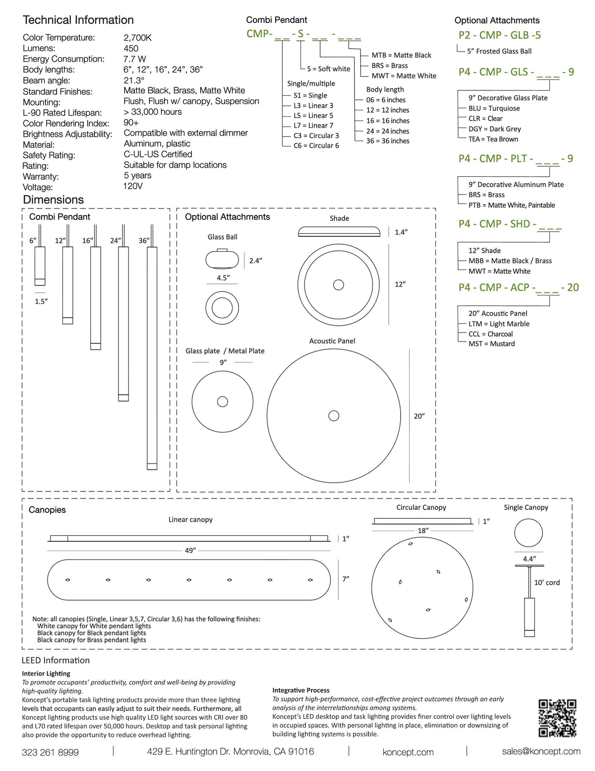 Koncept Combi Circular 3-Light LED Pendant specification sheet with dimension drawing (1)