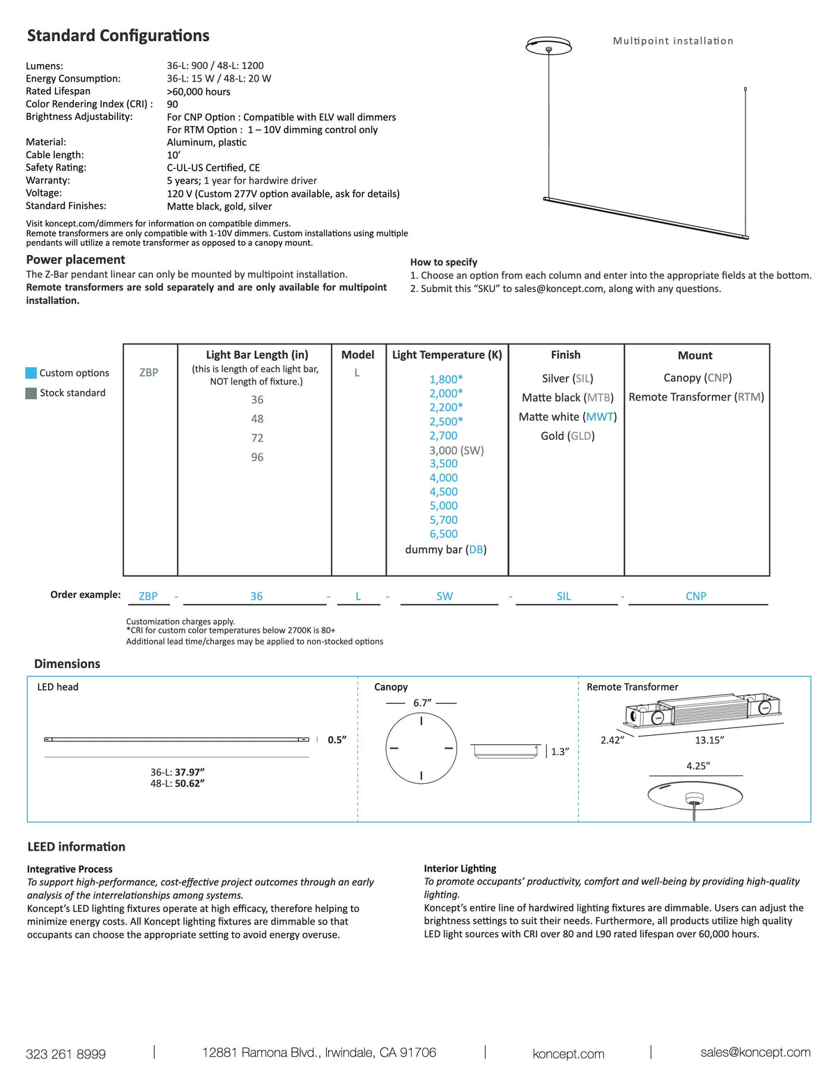 Koncept Z-Bar Pendant Linear LED Chandelier specification sheet with dimension drawing (1)