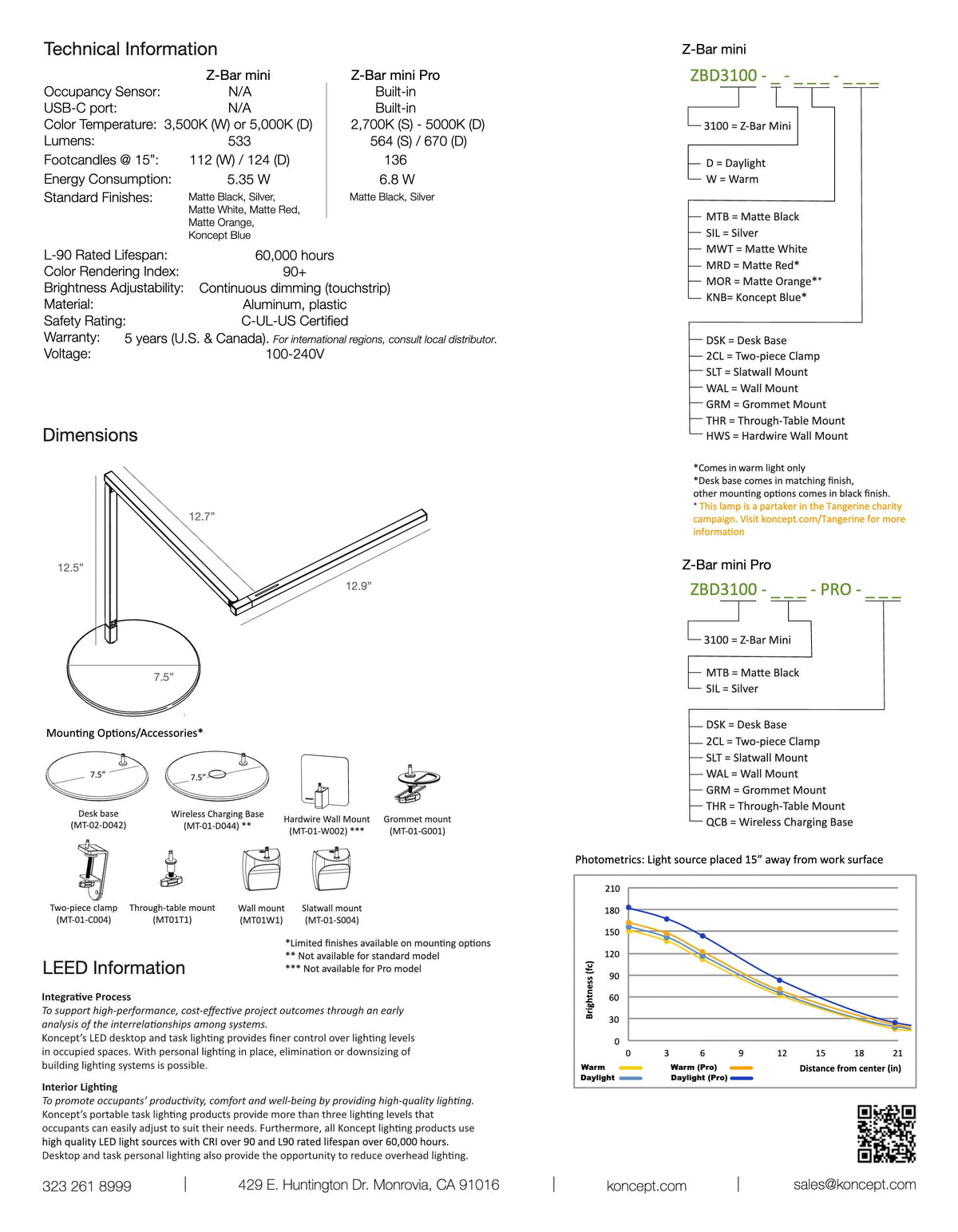 Koncept Z-Bar Mini Gen 4 LED Desk Lamp specification sheet with dimension drawing