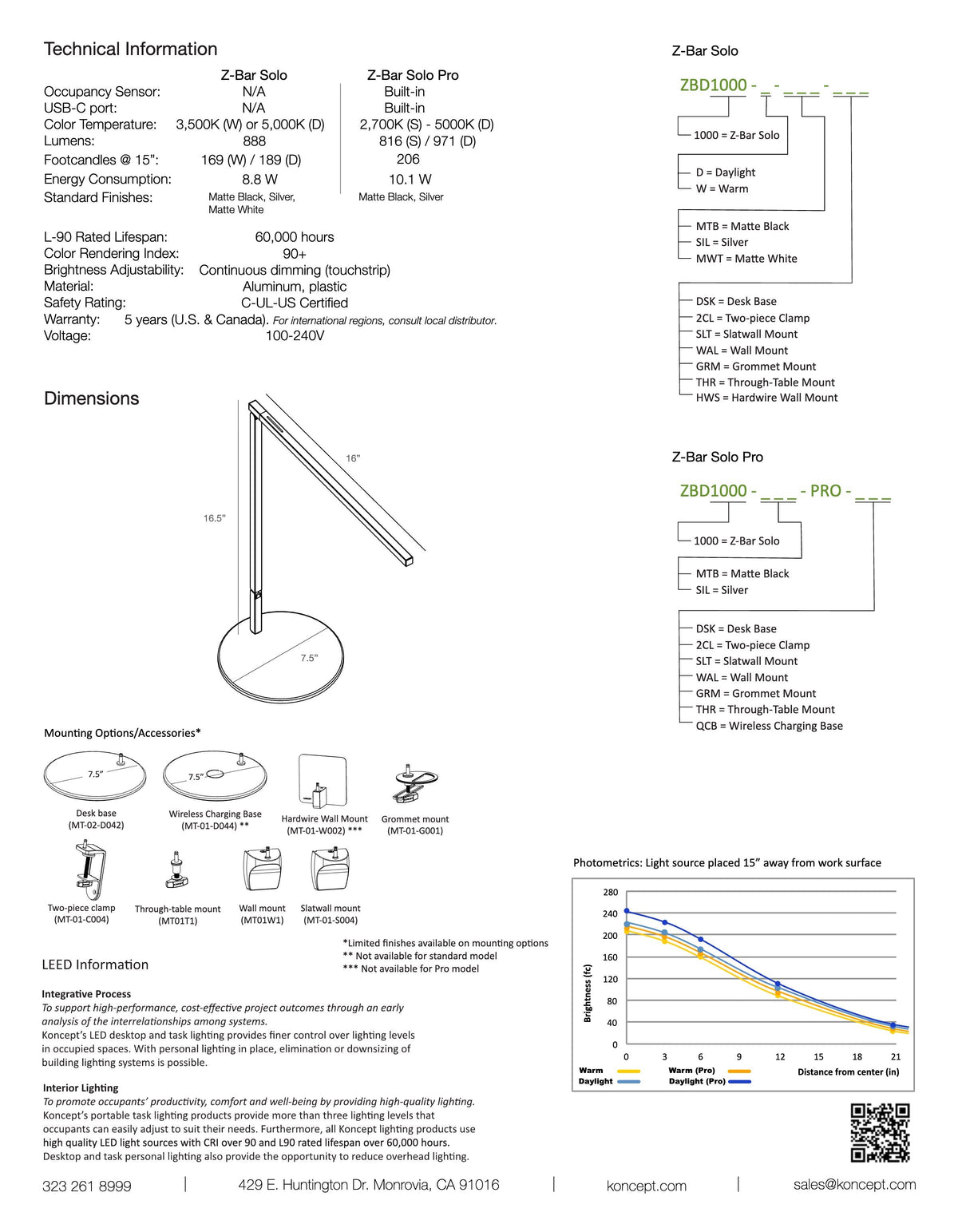 Koncept Z-Bar Solo Gen 4 LED Desk Lamp specification sheet with dimension drawing
