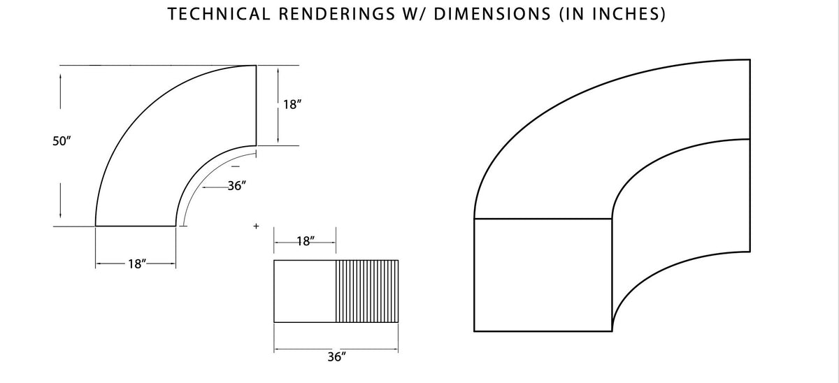 Technical drawing of the Arc curved bench showing 50 in length, 18 in width and 36 in inner diameter