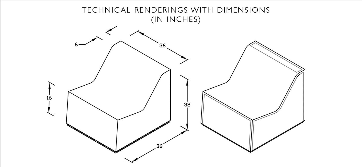 Technical drawing of the Check chair showing 36 in width and depth, 32 in back height and 16 in seat height