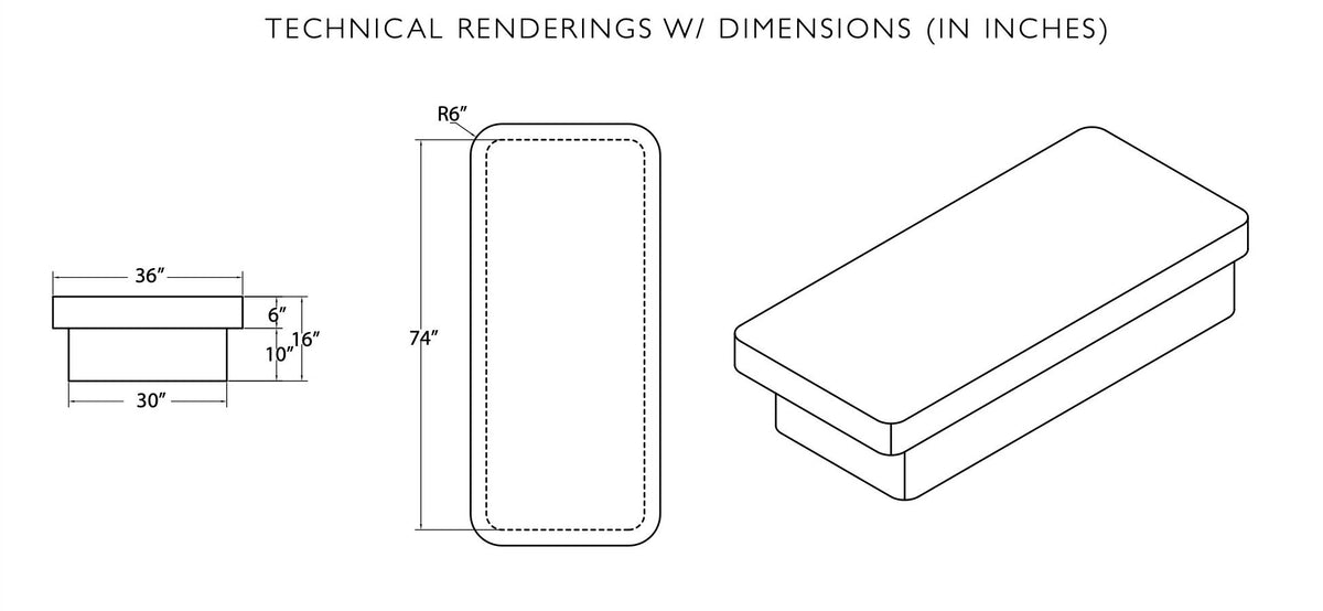 Dimension drawing of the Cot twin daybed showing 36 in top width, 30 in base and 74 in length with 16 in height