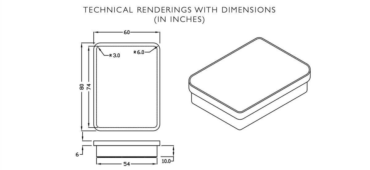 Dimension drawing of the Crib queen daybed showing 60 in by 80 in top, 54 in base and height in inches