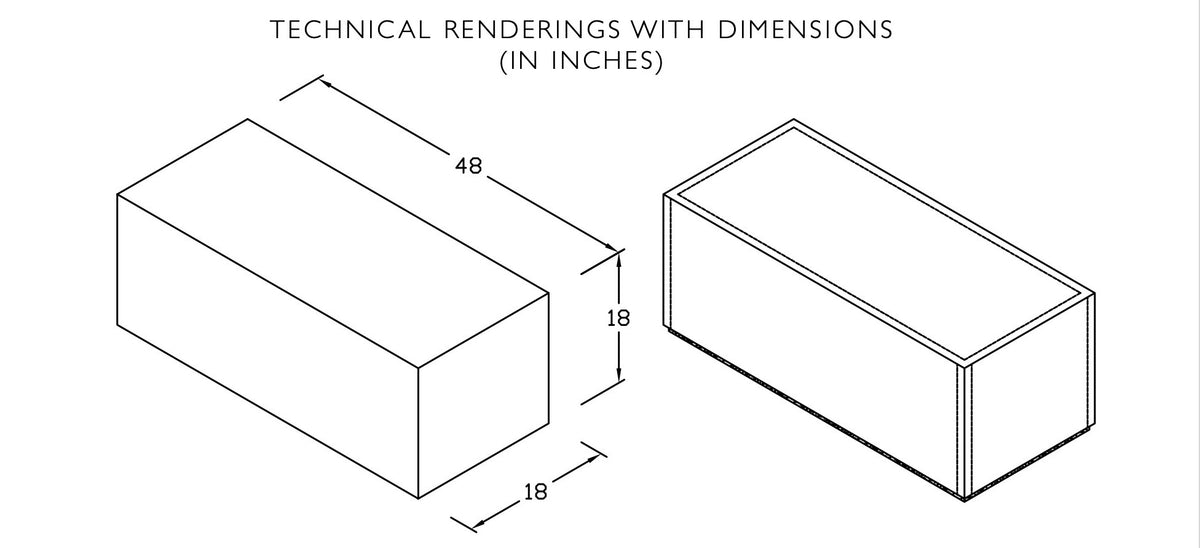 Technical drawing of the Dash bench showing 48 in length, 18 in width and 18 in height