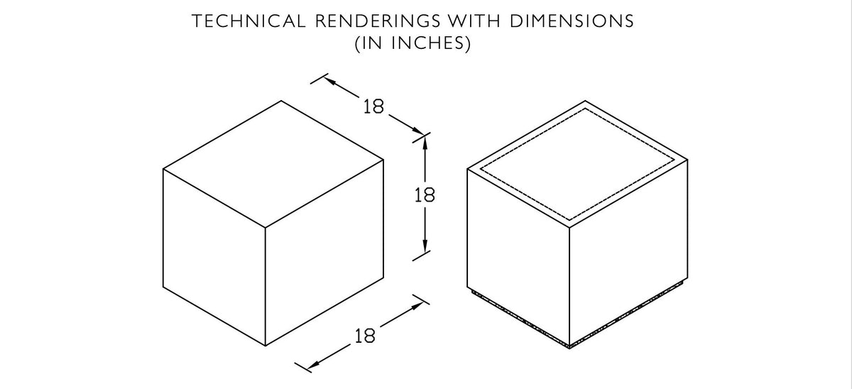 Technical drawing of the Dot 2 cube ottoman showing 18 in width, depth and height