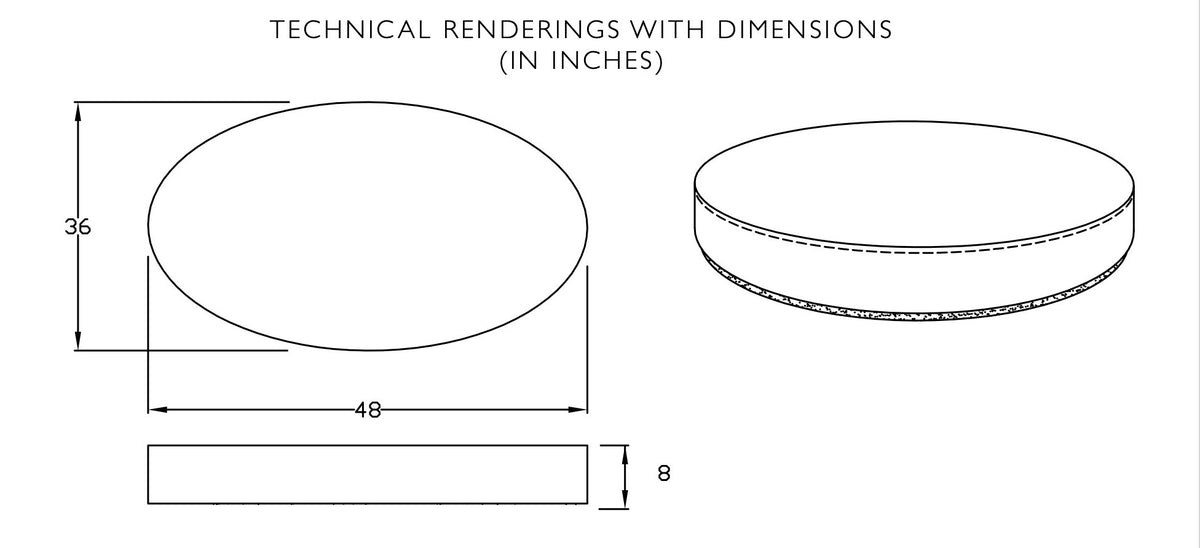 Technical drawing of the Footnote oval floor pad showing 48 in length, 36 in width and 8 in height