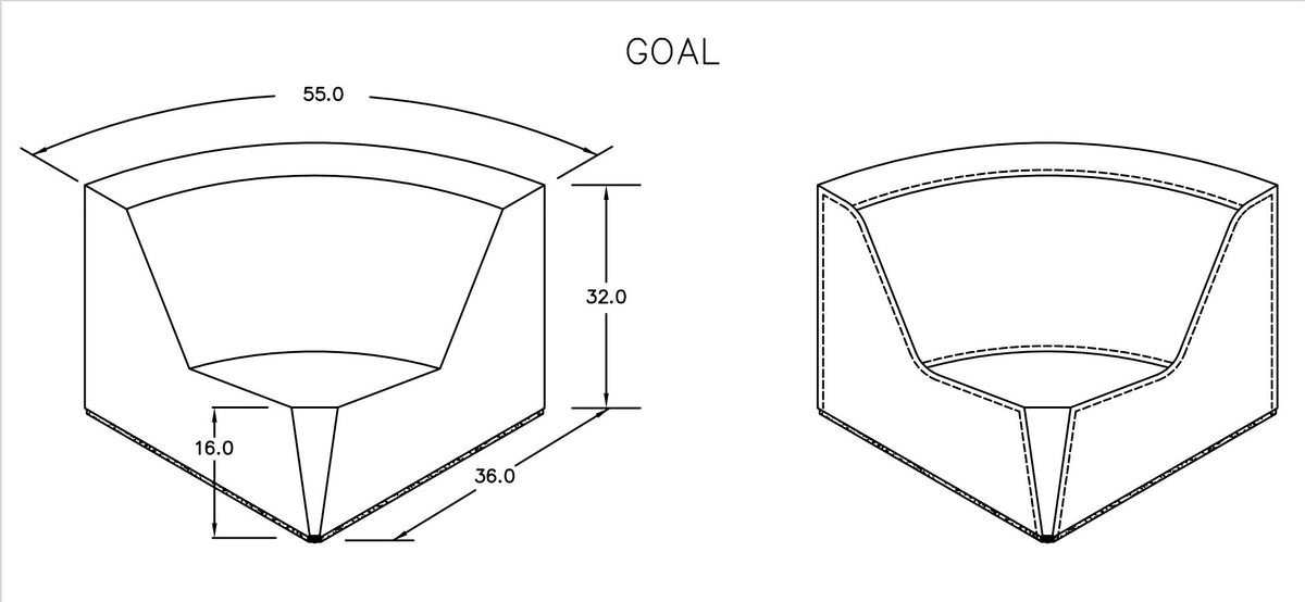 Technical drawing of the Goal corner module showing a 55 in curved back, 36 in sides, 32 in back height and 16 in seat height