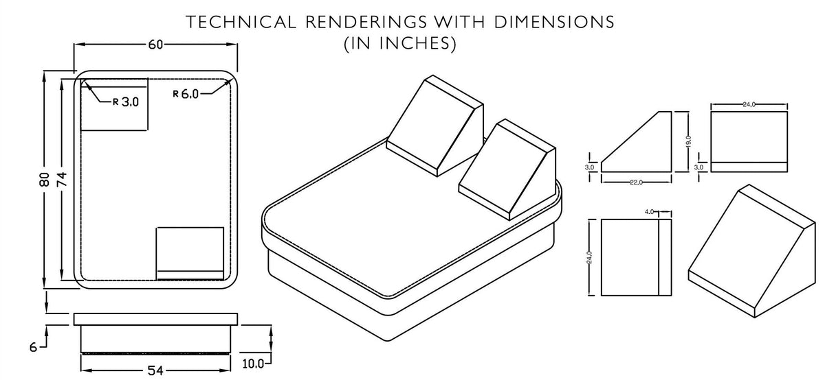 Dimension drawing of the Lean wedge and the Crib it sits on, showing wedge size, base and top dimensions in inches
