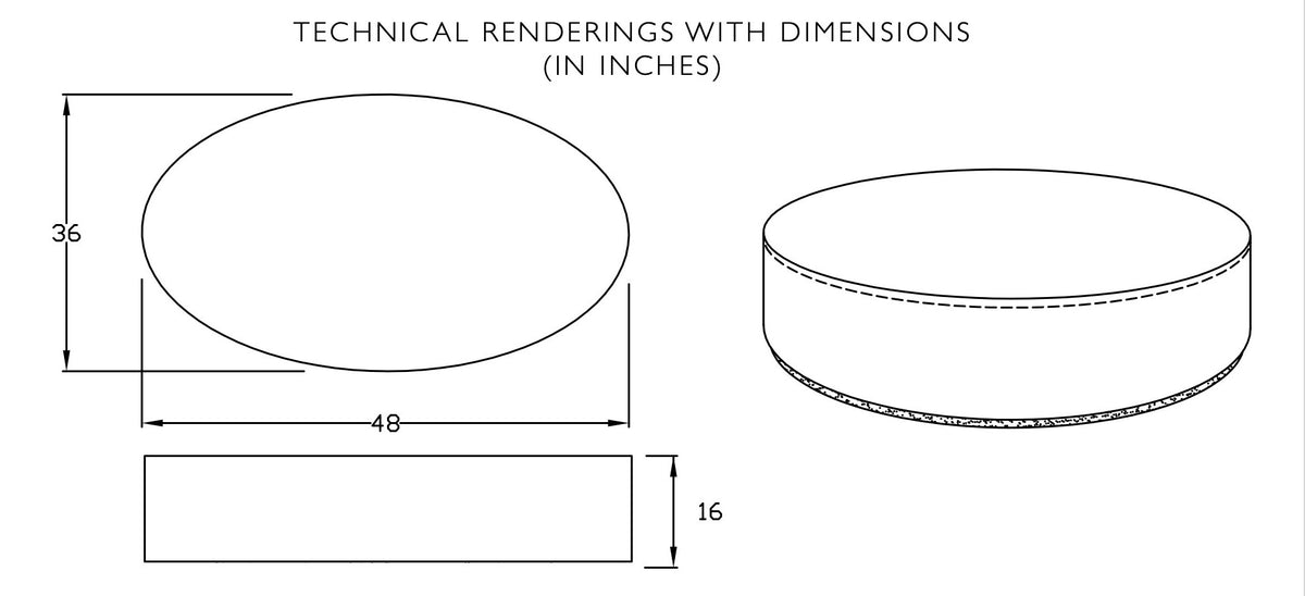 Technical drawing of the Note oval ottoman showing 48 in length, 36 in width and 16 in height
