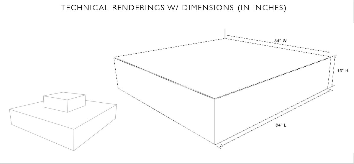 Technical drawing of the Play Pad square resort bed showing 84 in width, 84 in length and 16 in height