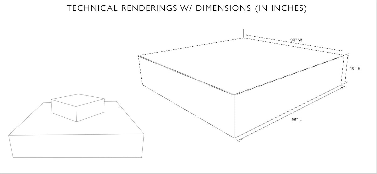 Technical drawing of the Play Pad square resort bed showing 96 in width, 96 in length and 16 in height