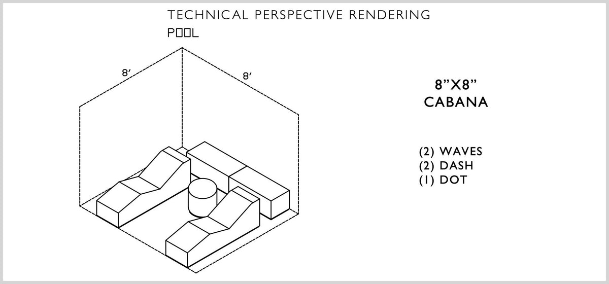 Layout drawing of the Pool Club Now cabana set in an 8 ft by 8 ft space: two chaise lounges, two benches and one ottoman
