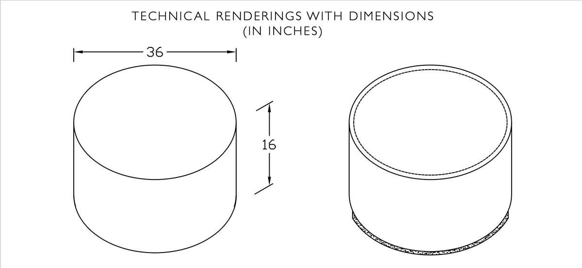 Technical drawing of the Puck round ottoman showing 36 in diameter and 16 in height