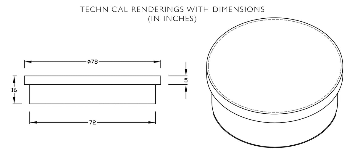 Technical drawing of the round Sun Pad showing 78 in top diameter, 72 in base diameter and 16 in height