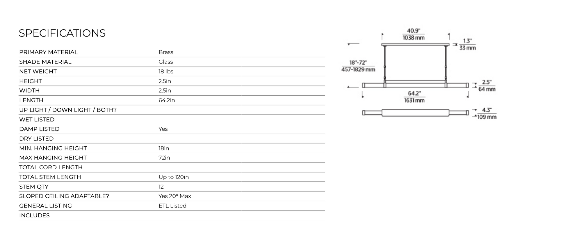 Alo 64 Linear LED Chandelier Natural Brass by Visual & Comfort & Co