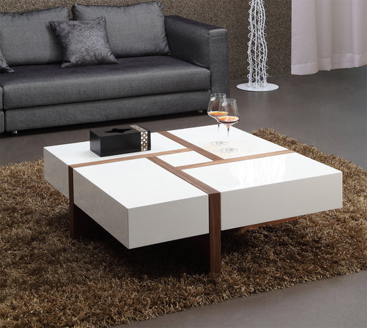 Modrest Makai Modern White and Walnut Square Coffee Table