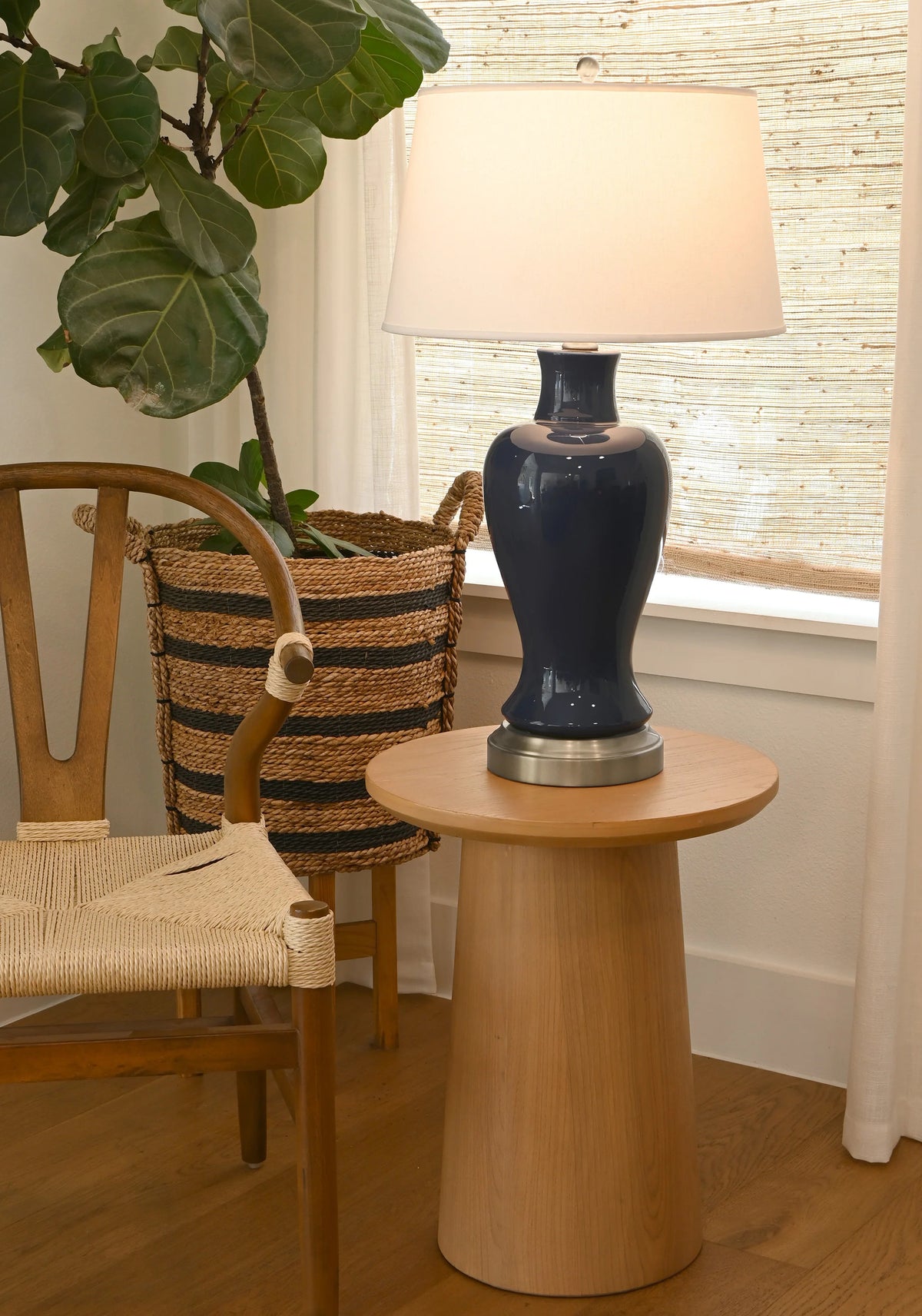 Midnight blue Elijah cordless table lamp with rechargeable brushed nickel base