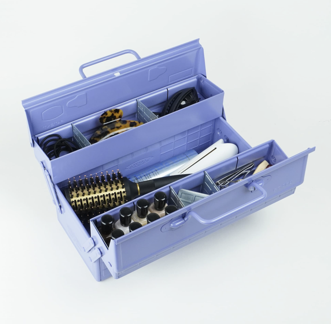 Toyo Steel ST-350 Two-Level Cantilever Toolbox – Lilac, open and filled with supplies