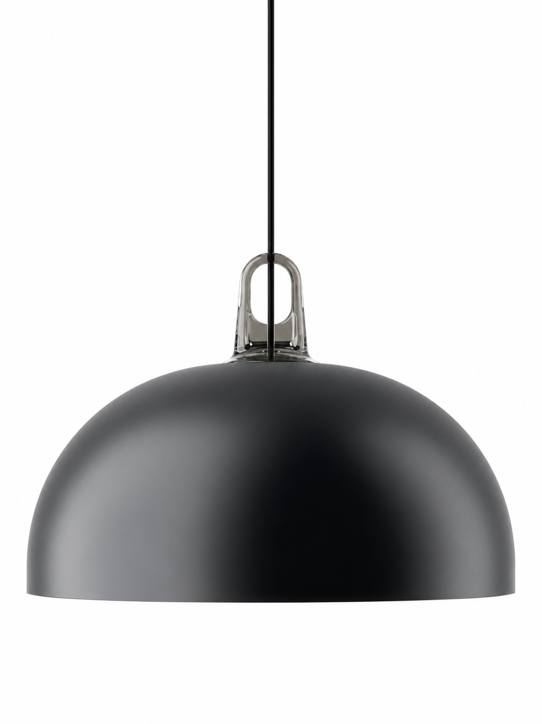 Matte black Lodes JIM Dome pendant hanging above a contemporary dining table