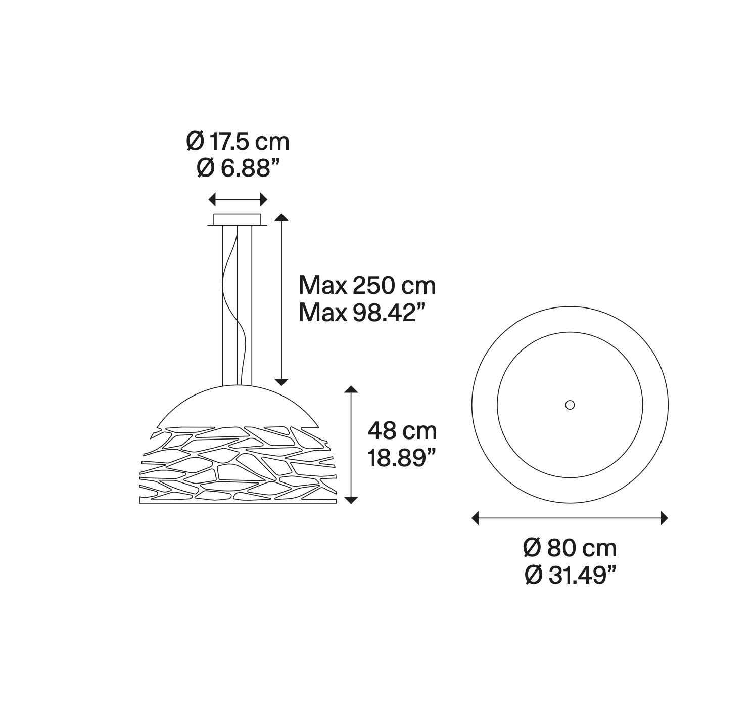 Technical dimensions of the Lodes Kelly Dome Large pendant light showing suspension and fixture measurements