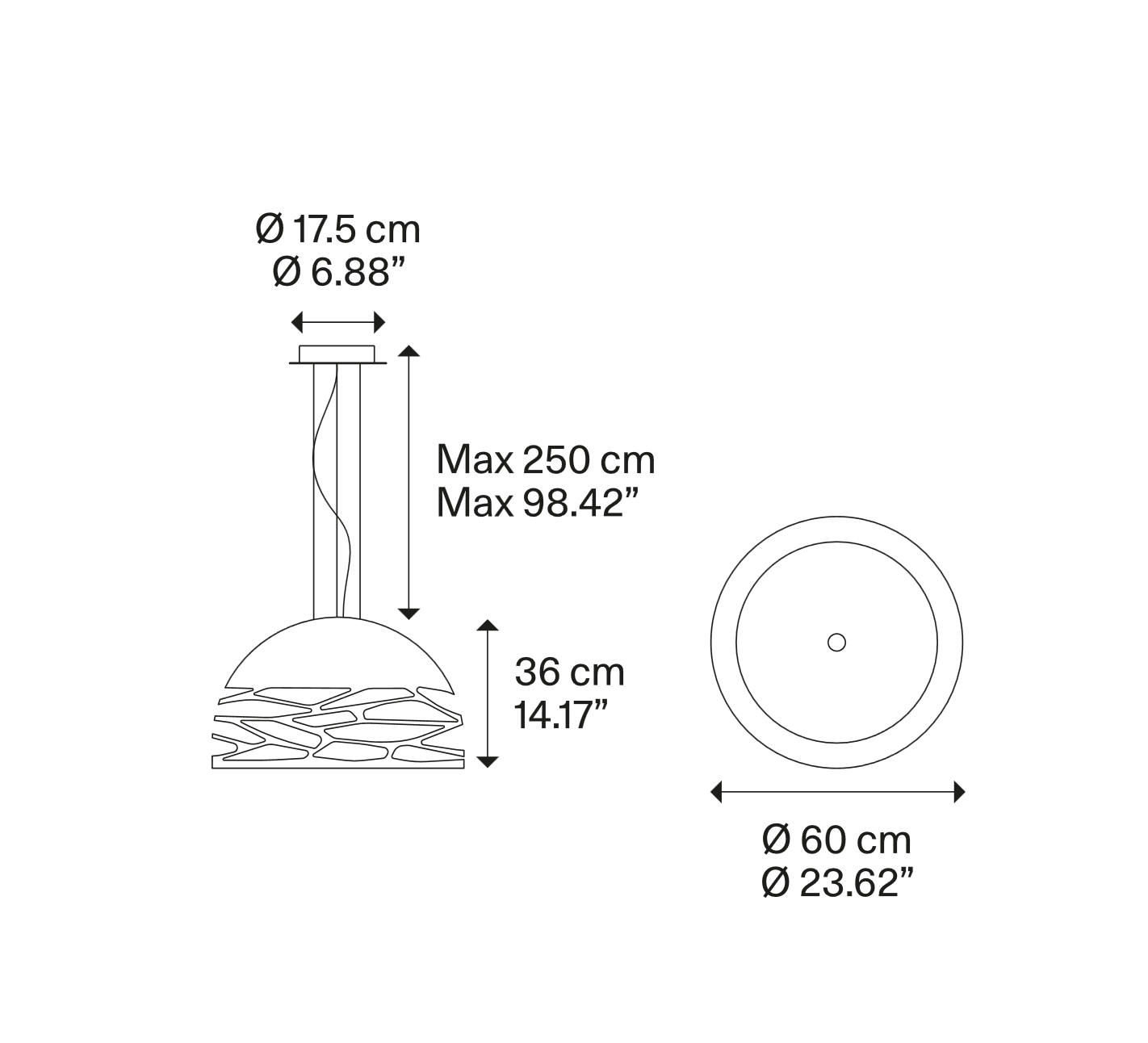 Technical dimensions of the Lodes Kelly Dome Medium pendant light showing suspension and fixture size