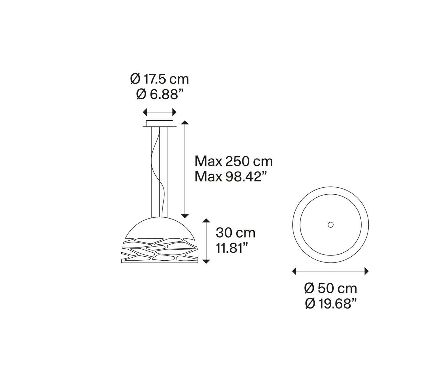 Lodes Kelly Dome Small pendant light size diagram showing height, width, and shade dimensions