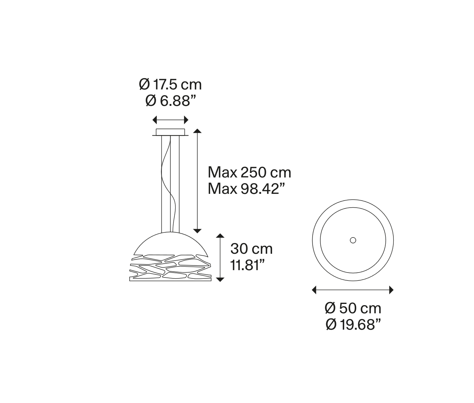 Lodes Kelly Dome Small pendant light size diagram showing height, width, and shade dimensions
