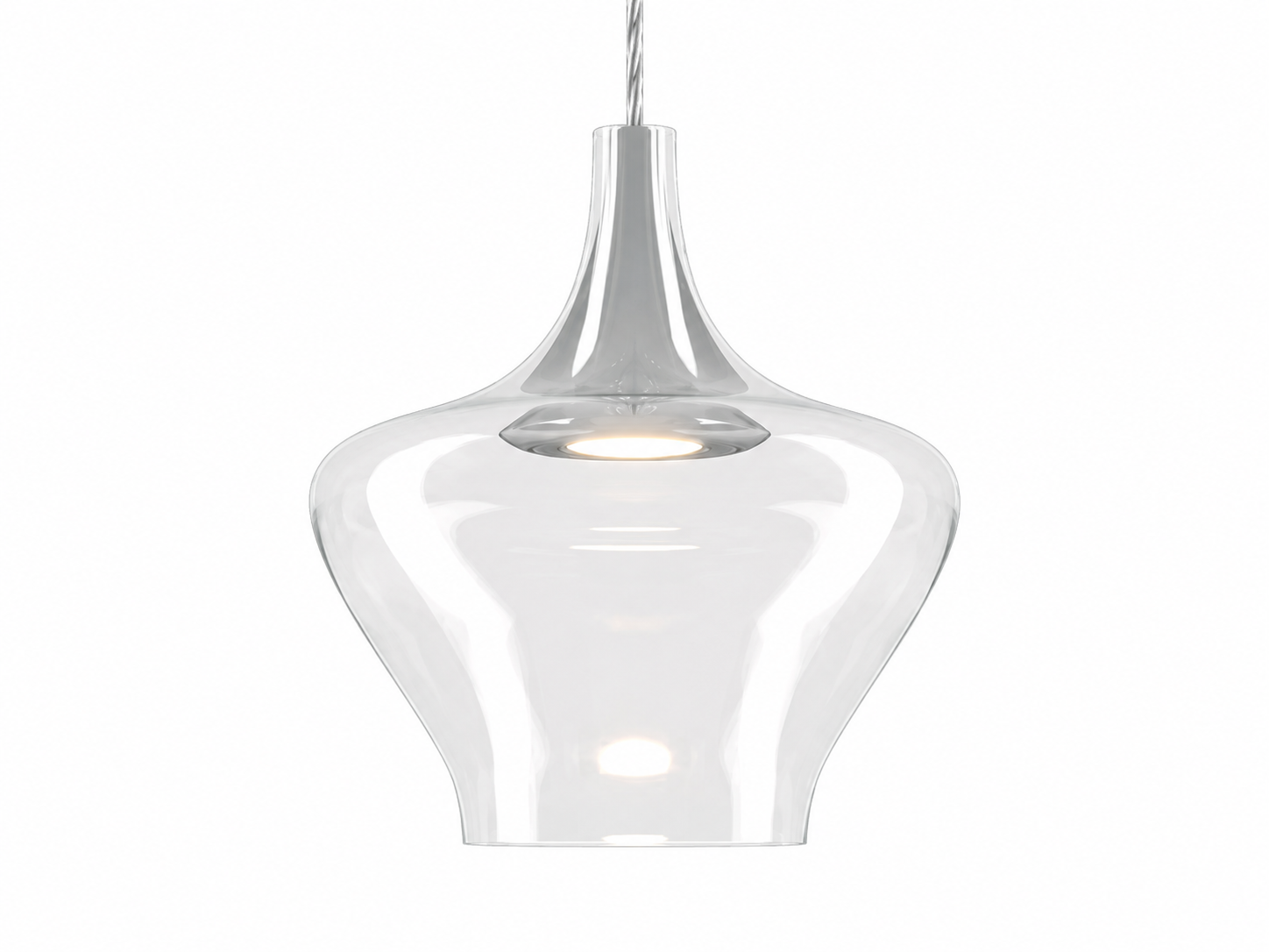 Clear blown glass pendant light with warm white LED for modern interiors