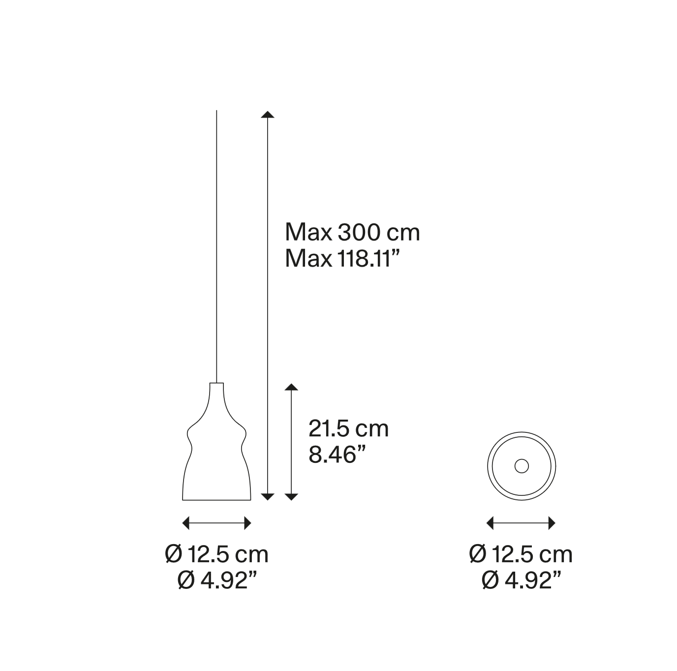 Technical line drawing of the Lodes Nostalgia small LED pendant light