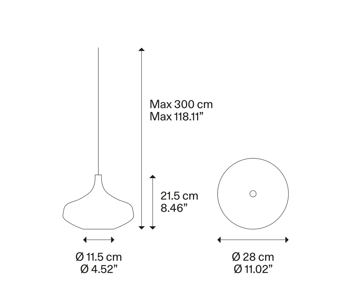 Lodes Nostalgia large pendant light line drawing with product dimensions