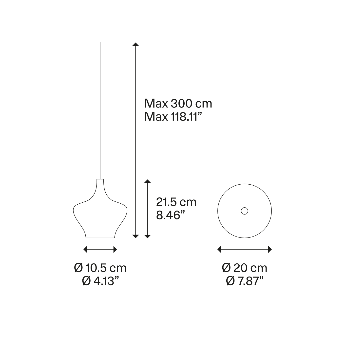 Technical line drawing of the Lodes Nostalgia medium LED pendant light