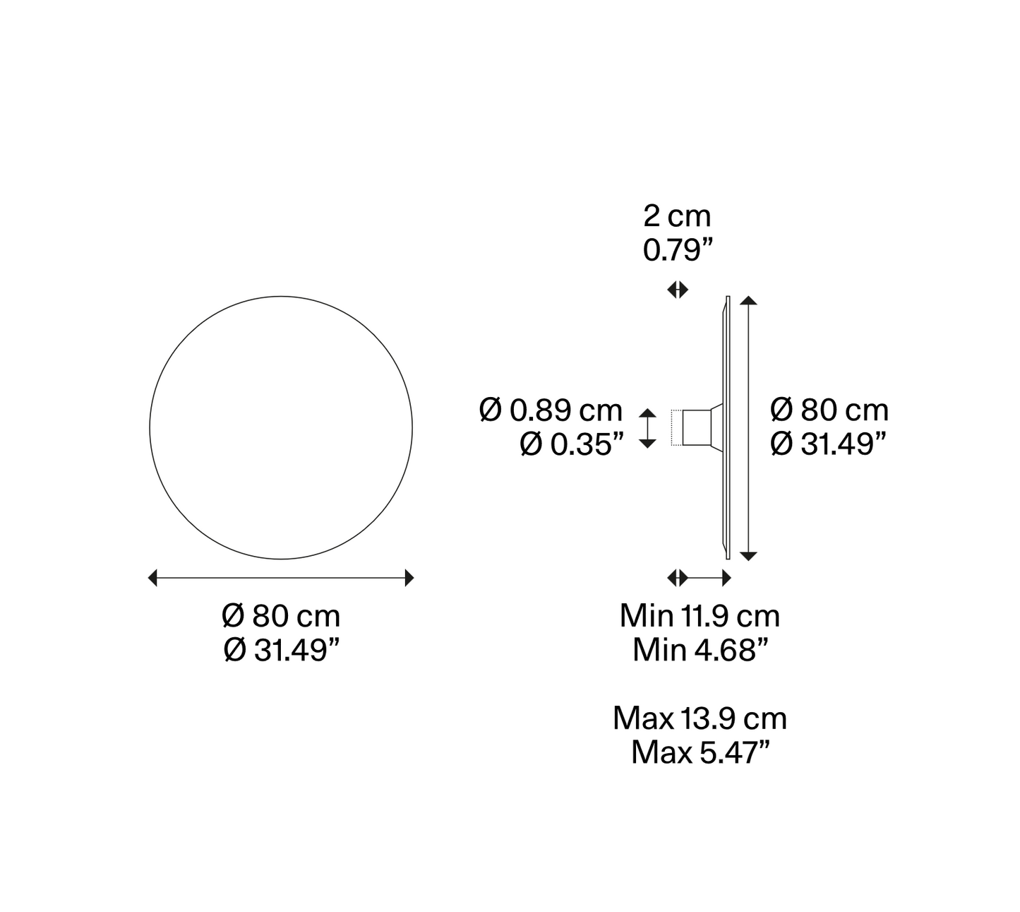 Lodes Puzzle Mega Round Large size diagram with installation dimensions for modern architectural lighting