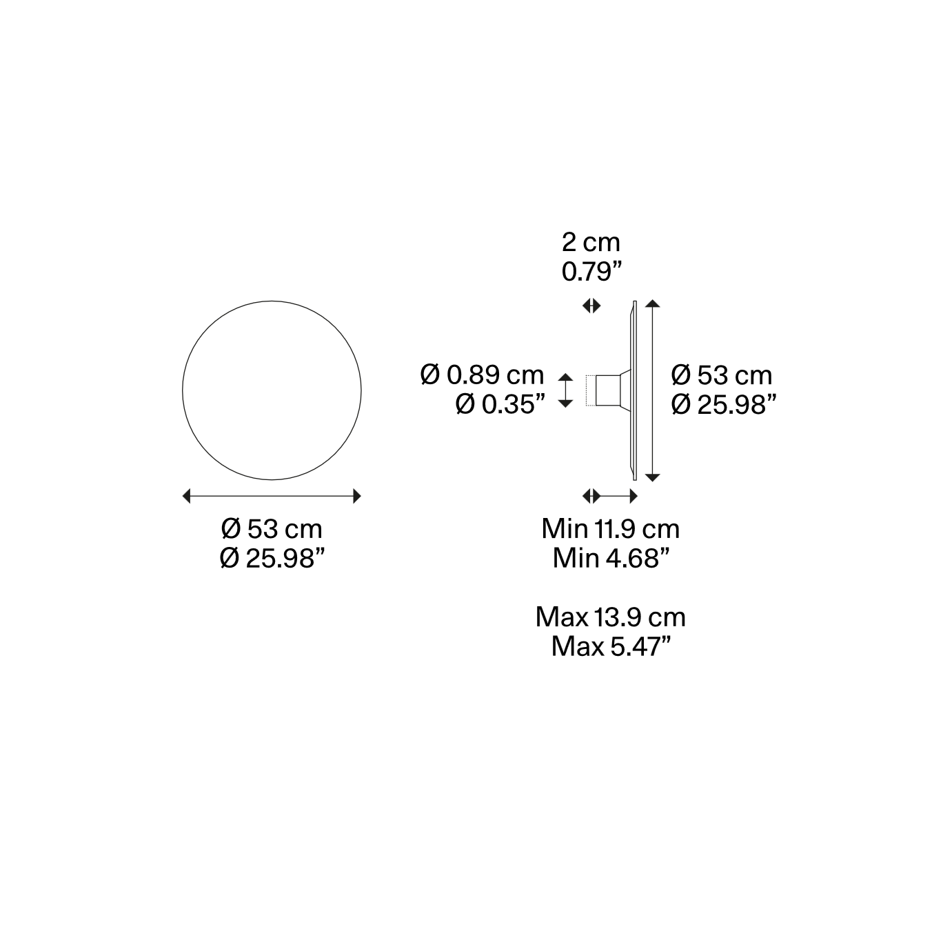 Technical dimensions drawing of the Lodes Puzzle Mega Round Small LED wall and ceiling light