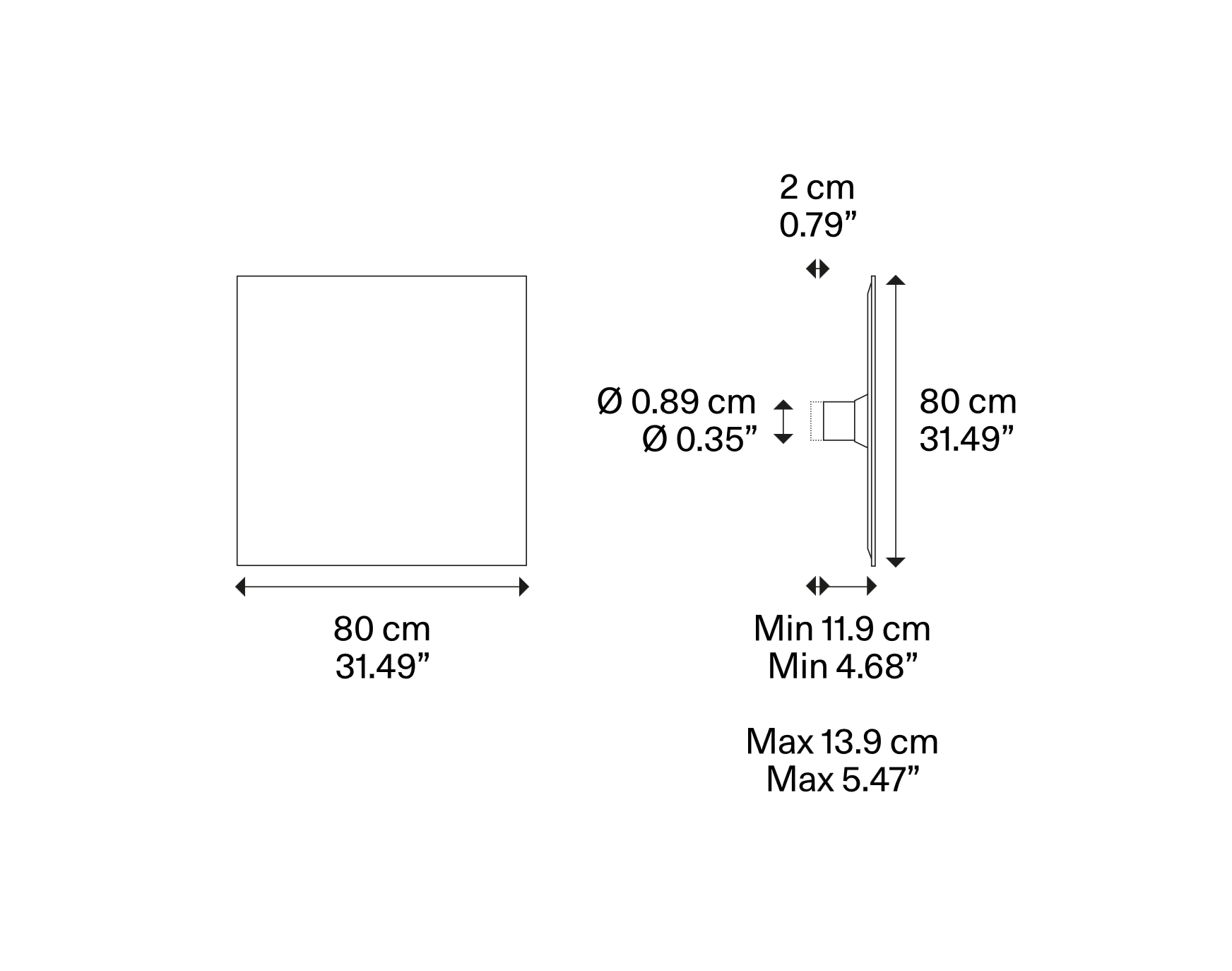 Technical dimension drawing of the Lodes Puzzle Mega Large Square LED wall and ceiling light