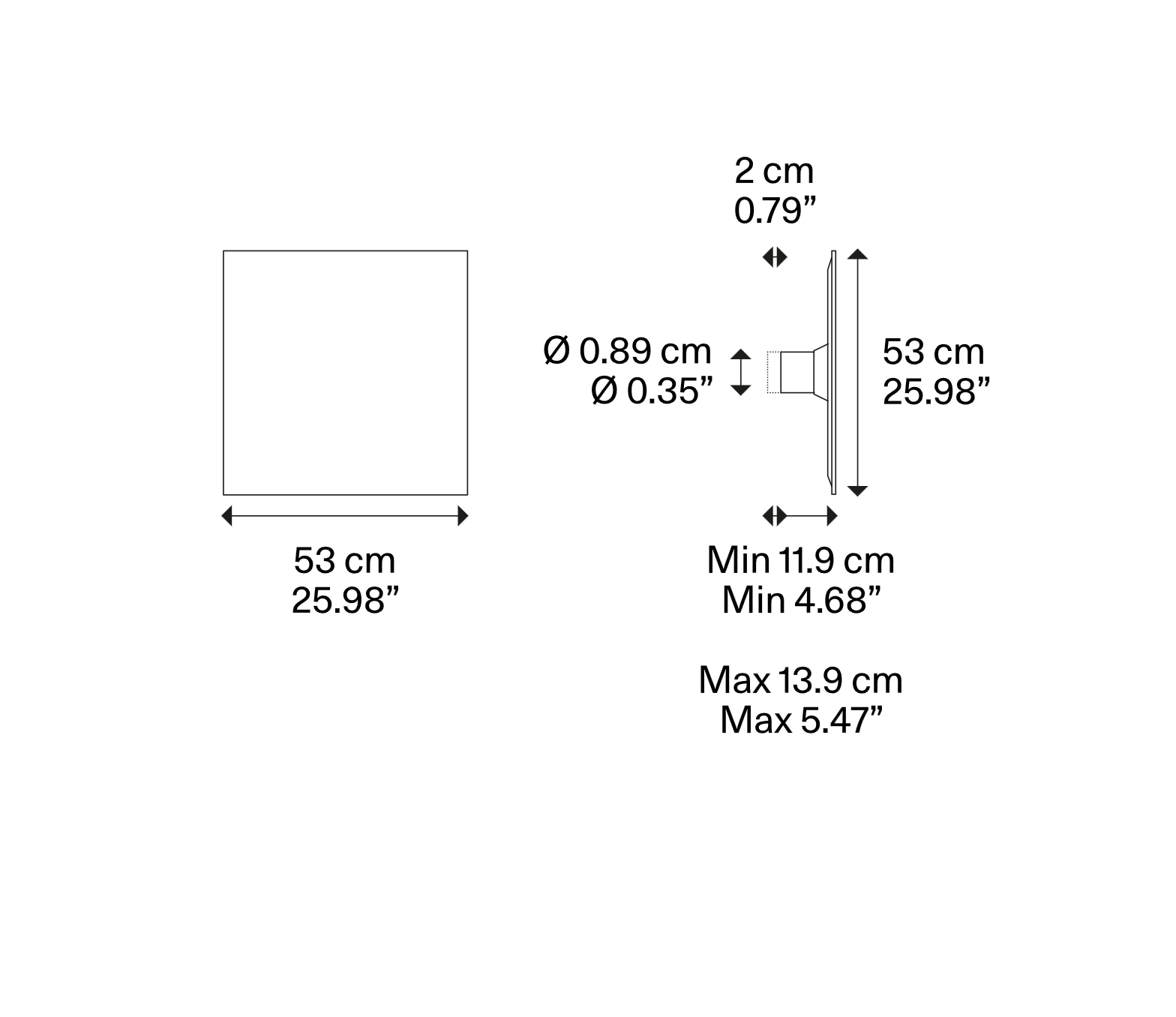 Lodes Puzzle Mega Square Small dimensions showing 25.98-inch width and height with wall or ceiling installation measurements